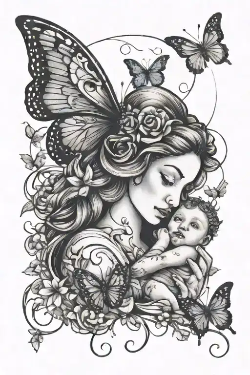 mother holding child symbol intertwined with butterflies  tattoo design idea