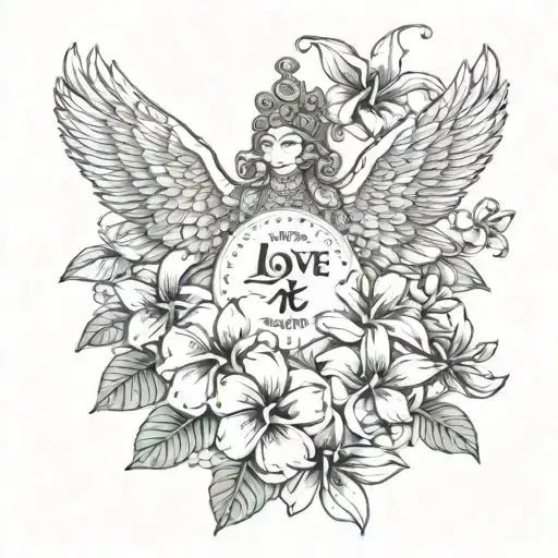 Frangipani flowers with Garuda and the sentence: "Love is my compass" in Balinese. Feminine style tattoo design idea