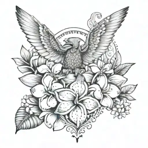 Frangipani flowers with Garuda and the sentence: "Love is my compass" in Balinese. Feminine style. tattoo design idea
