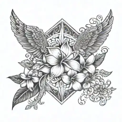 Frangipani flowers with Garuda and the sentence: "Love is my compass" in Balinese. Feminine style tattoo design idea
