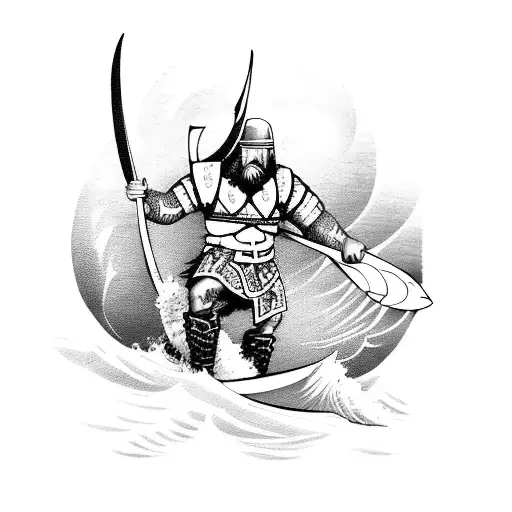 A fierce viking warrior riding a surfboard on a massive wave tattoo design idea
