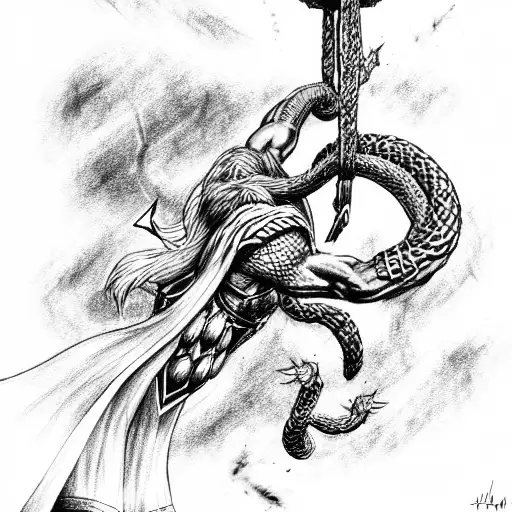 Thor trying to Lift Jormungandr tattoo design idea