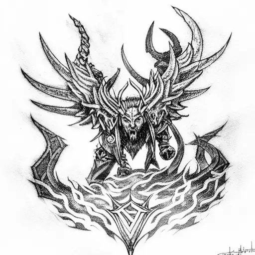 Nordic Odin & Fenris battling in ragnarök With ygdrassil in the background tattoo design idea