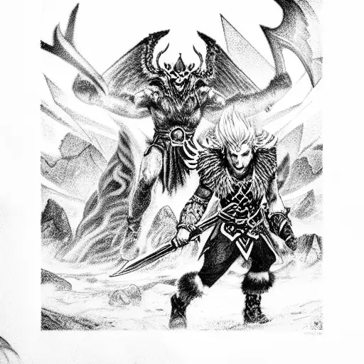 Nordic Odin & Fenris battling in ragnarök With ygdrassil in the background tattoo design idea