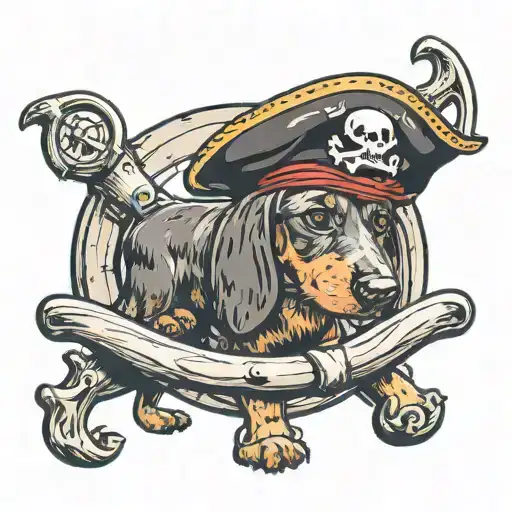 dauschund with pirates hat with ships wheel surrounded tattoo design idea