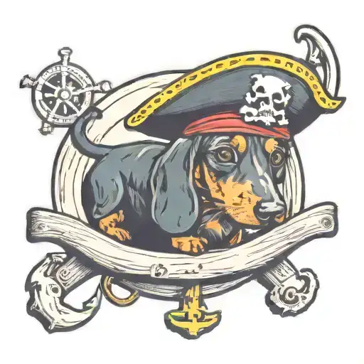 dauschund with pirates hat with ships wheel surrounded tattoo design idea