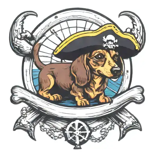 dauschund with pirates hat with ships wheel surrounded tattoo design idea