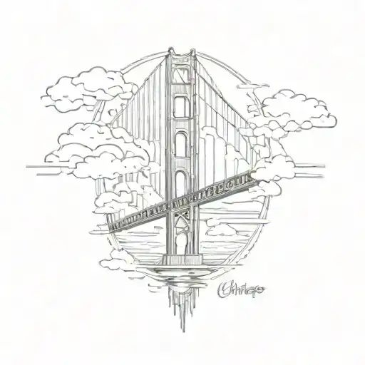 A tattoo design of the Golden Gate Bridge with the Chicago skyline in the background, representing your journey from one city to another in pursuit of your dreams tattoo design idea