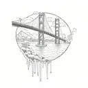 A tattoo design of the Golden Gate Bridge with the Chicago skyline in the background, representing your journey from one city to another in pursuit of your dreams tattoo design idea