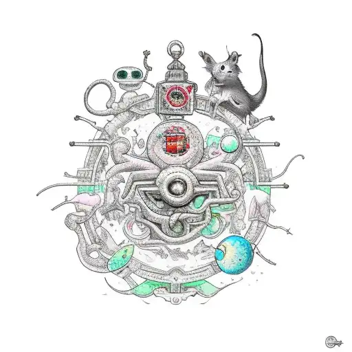 rats, rayquaza, brain, serotonin, a plague doctor, a blue police box, a planet with a banner saying "don't panic", the p tattoo design idea