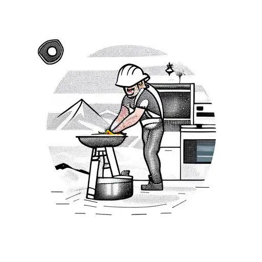 A construction worker cooking on a grill with the Colorado mountains in the background tattoo design idea