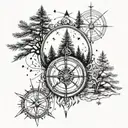 Wanderlust, pine trees, stars, compass tattoo design idea