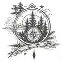 Wanderlust, pine trees, stars, compass tattoo design idea
