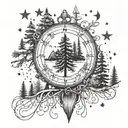Wanderlust, pine trees, stars, compass tattoo design idea