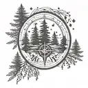 Wanderlust, pine trees, stars, compass tattoo design idea