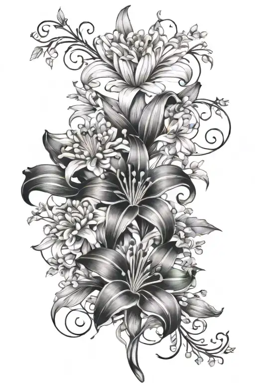 1 Lily 1 Chrysanthemum 1 Gladeolus bouquet with vines and string of pearls tattoo design idea