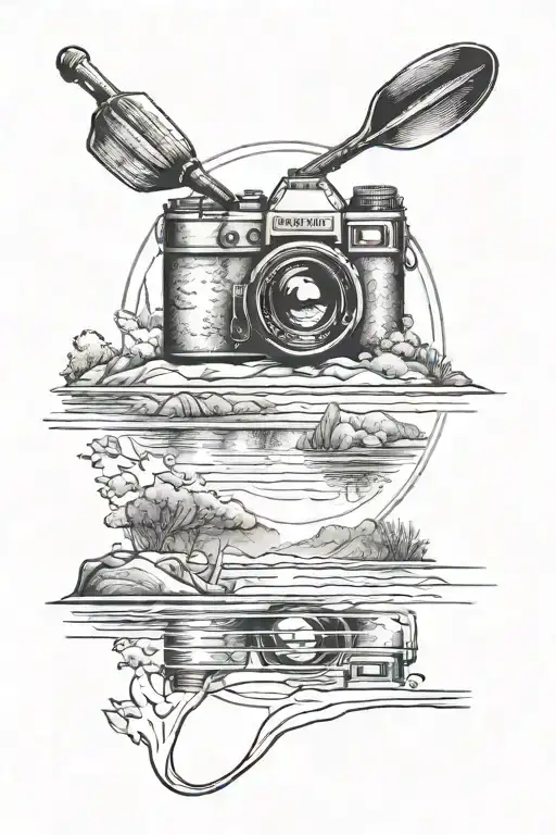 A minimalist tattoo of a camera lens reflecting a river scene with your sons and grandchild kayaking, representing your family bonding moments and hobbies tattoo design idea