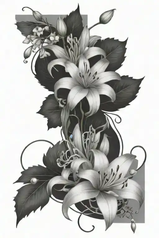 1 Lily 1 Chrysanthemum 1 Gladeolus bouquet with vines and string of pearls tattoo design idea
