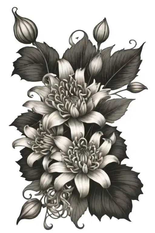 Lily Chrysanthemum Gladeolus bouquet with vines and string of pearls tattoo design idea