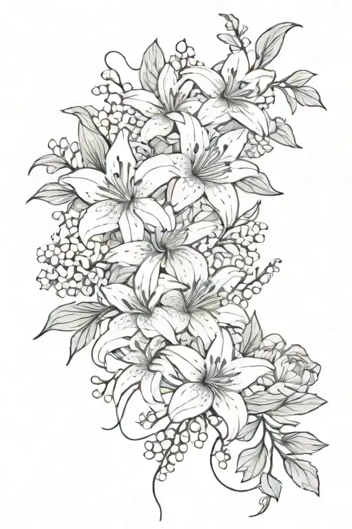 1 Lily 1 Chrysanthemum 1 Gladeolus bouquet with vines and string of pearls tattoo design idea