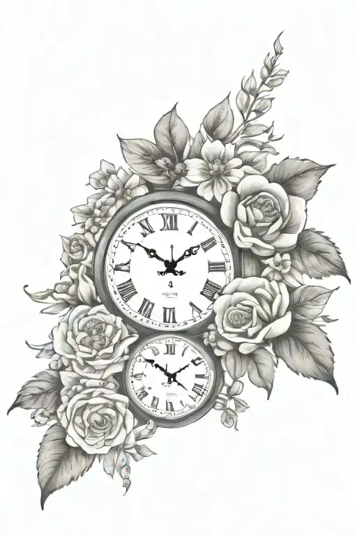 a clock surrounded by may october and august birth flowers representing my sons tattoo design idea