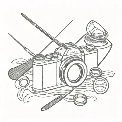 A minimalist tattoo design of a camera lens surrounded by a kayak paddle and scrapbooking scissors, symbolizing your love for photography, kayaking, and scrapbooking tattoo design idea