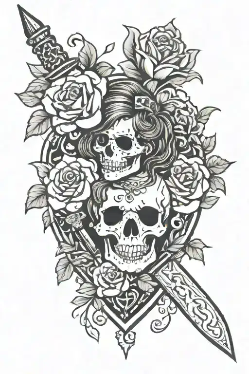 skull girl flowers dagger in the heart tattoo design idea