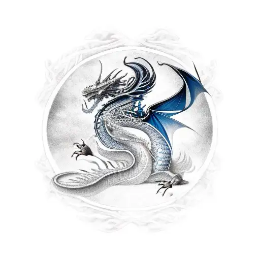 feminine black and blue nordic full dragon with an ax tattoo design idea