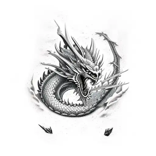 black and blue nordic full dragon with an ax tattoo design idea