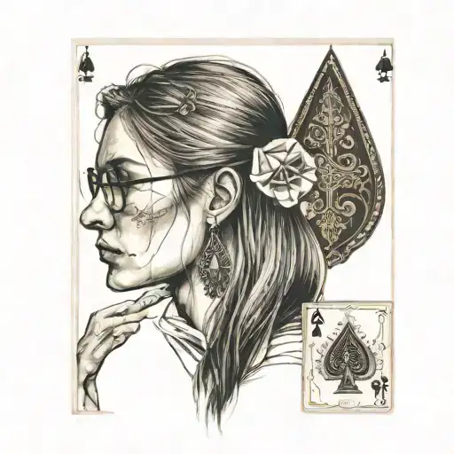 skinny girl in profile, very long aquiline nose, glasses, long straight brown hair, ace of spades card, text:blacked tattoo design idea