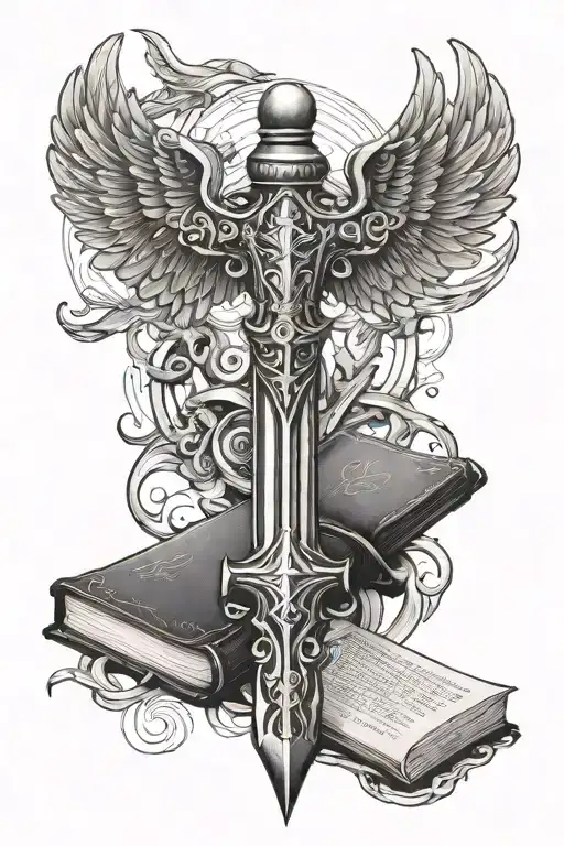Paladin hammer, book and wings  tattoo design idea