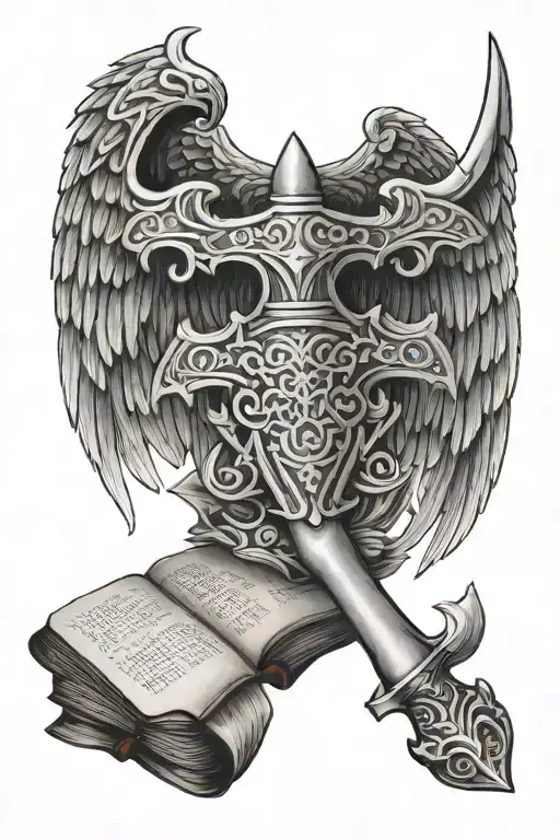 Paladin hammer, book and wings  tattoo design idea