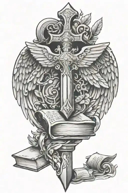 Paladin hammer, book and wings  tattoo design idea