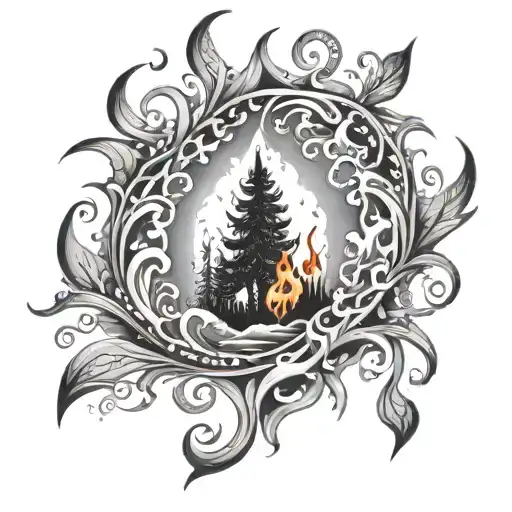 An intricate design of flames dancing with water droplets in a mystical forest setting tattoo design idea