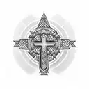 A blackwork tattoo featuring a Polynesian-inspired cross adorned with intricate tribal patterns, merging the client's favorite symbol with their passion for Polynesian art tattoo design idea