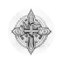 A blackwork tattoo featuring a Polynesian-inspired cross adorned with intricate tribal patterns, merging the client's favorite symbol with their passion for Polynesian art tattoo design idea