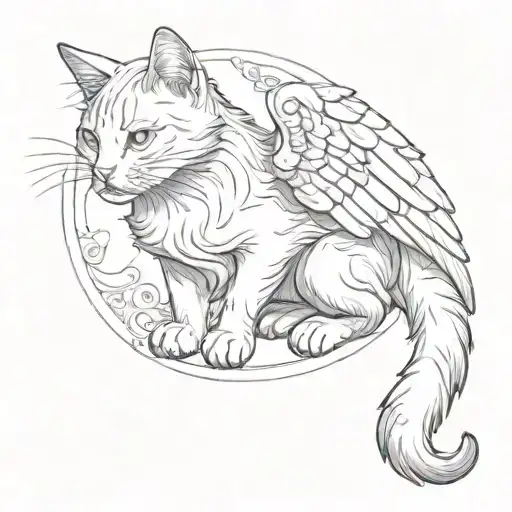 a cat with one raised paw lies down he has beautiful wings two horns three eyes tattoo design idea