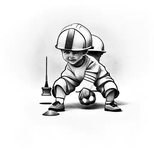 dad and son, construction hat, boy playing soccer tattoo design idea
