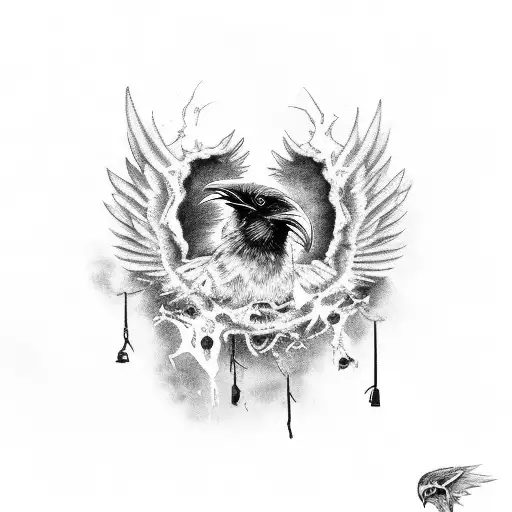 red eye raven watching angry on city buldings tattoo design idea