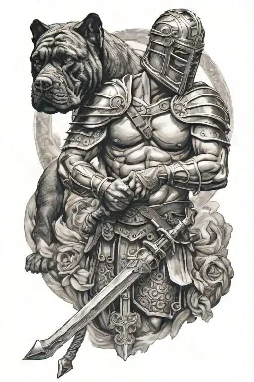 Roman Gladiator holding a sword and has a cross around his neck with a cane corso at his side  tattoo design idea
