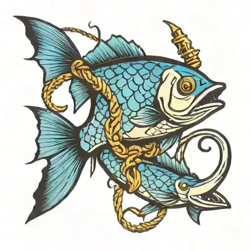fish and hook intertwined tattoo design idea