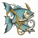 fish and hook intertwined tattoo design idea