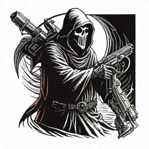 grim reaper holding a futuristic grenade launcher  tattoo design idea