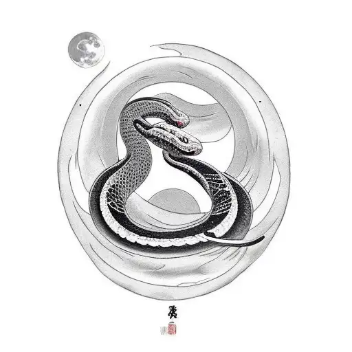 black snake and a white snake circling the moon tattoo design idea