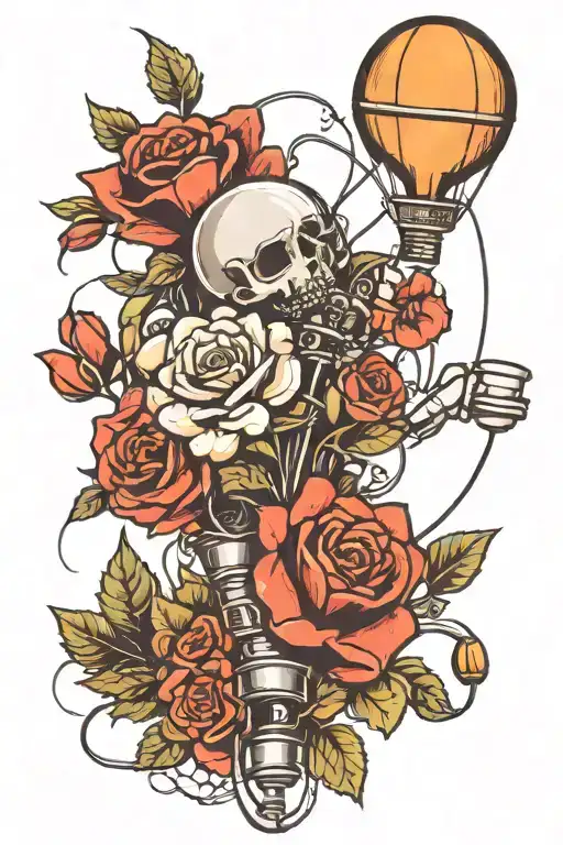 flower bouquet with a rose, a balloon, a flashlight, and frayed wires tattoo design idea