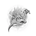 A stylized smoke pattern morphing into various animals in a continuous line design tattoo design idea