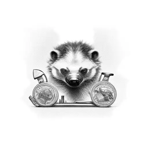 A honey badger mechanic holding a wrench made of silver coins tattoo design idea