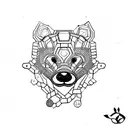 Intricate honey badger design made of interconnected silver coin gears tattoo design idea