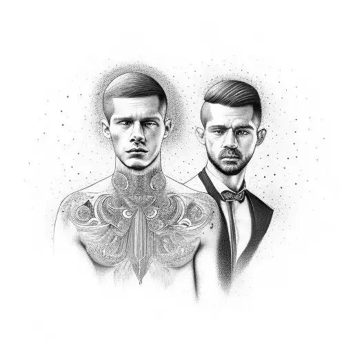 A realistic portrait of Valentin and Tomas surrounded by intricate celestial patterns tattoo design idea