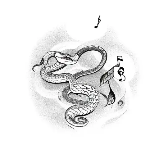 A sketch-style tattoo of a snake slithering through a field of roses with musical notes floating in the background tattoo design idea